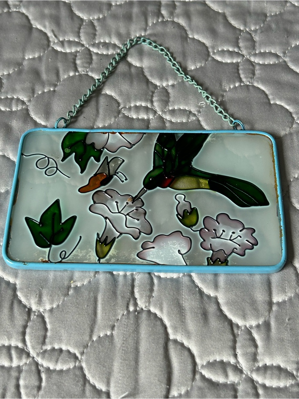 Source Unknown Blue Framed Hummingbird Floral Glass Panel